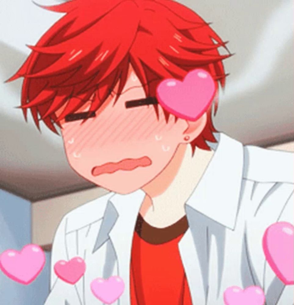 a red haired anime character with hearts around his eyes