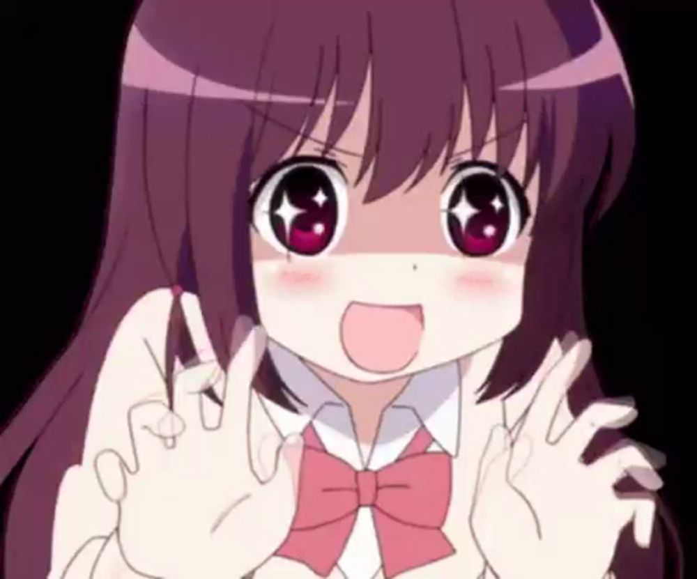 a girl with purple hair and a pink bow tie is making a funny face with her hands outstretched .