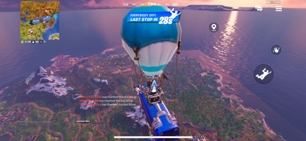 The Fortnite battle bus, running on Fortnite mobile for iOS 