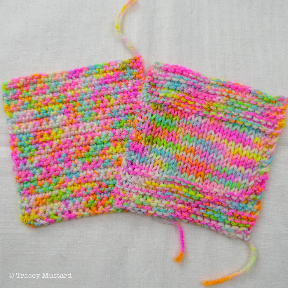A crochet swatch on the left is slightly overlapped by a knitted swatch on the right - the variegated wool fabrics are full of neon pink, orange, yellow, green, purple, and aqua blue.