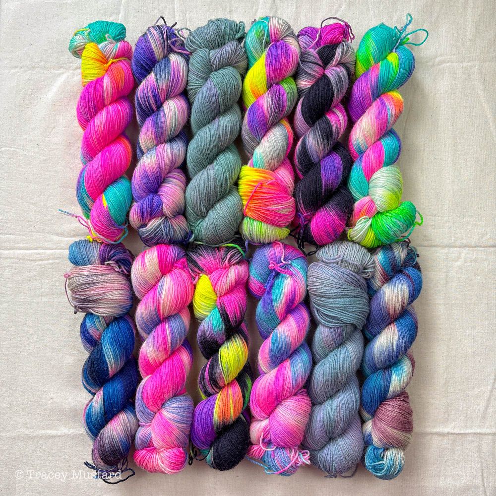 Twelve skeins of yarn sit lined up in two rows of six. Each skein is a different new colourway - there’s a mix of variegated dark ones, light ones, and ethereal tonals. 
