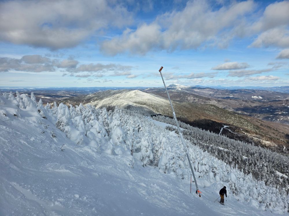 Upper FIS on Mt. Ellen at Sugarbush. There's good powder on the trail, but it's still an extremely steep trail (30°+ grade, I'm pretty sure), and heavily moguled. There's some thoroughly snow covered pine shrubs right next to the trail. 