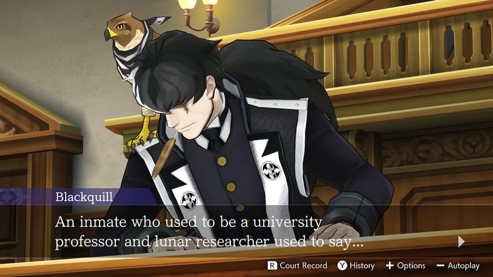 Prosecutor Blackquill (a kinda emo-looking, kinda samurai-looking guy with a feather hanging out of his mouth, eyeliner looking like tears, and a hawk with a bandana on his shoulder): 