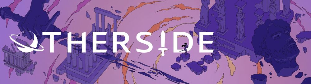 New OTHERSIDE banner art. OTHERSIDE logo text on the left in the foreground with a purple gradient science fantasy landscape in the background, with a figure at the center standing on floating rocks amidst crumbling buildings.