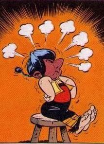 Pepe Soupalognon y Crouton assis sur un tabouter, retient sa respiration jusqu'à ce qu'on lui donne ce qu'il veut. Il a le visage tout rouge. 
(Source : Astérix en Hispanie)