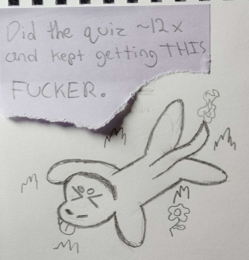 A pencil drawing done by DrpyChatty.

Here, we have a Charmander dazed in the grass, face first. Above sits a sticky note half-torn, with the text: "Did the quiz ~12x and kept getting THIS FUCKER."
