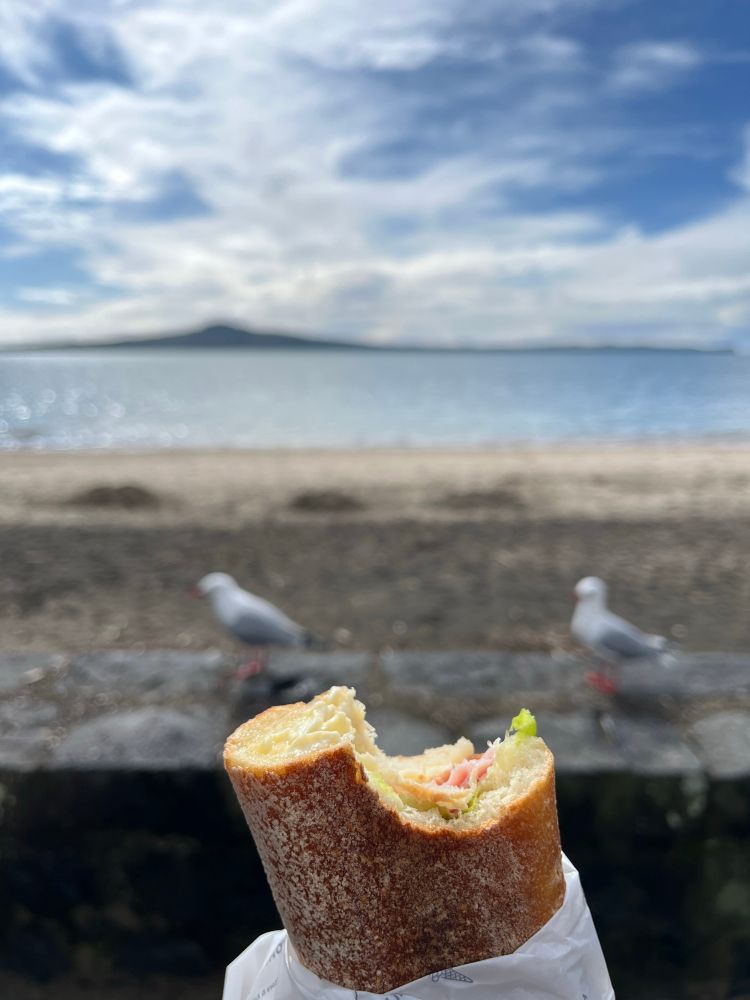Ham and cheese baguette (missing a bite) at Kohimarama Beach overlooking two seagulls, with Rangitoto in the distance.
