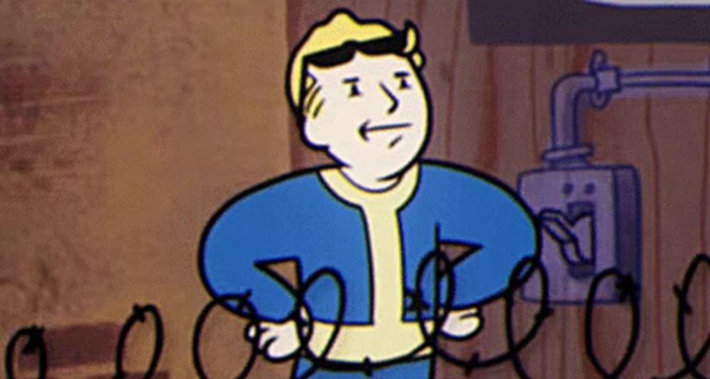 a cartoon character from the video game fallout vault boy is holding a string of wires .