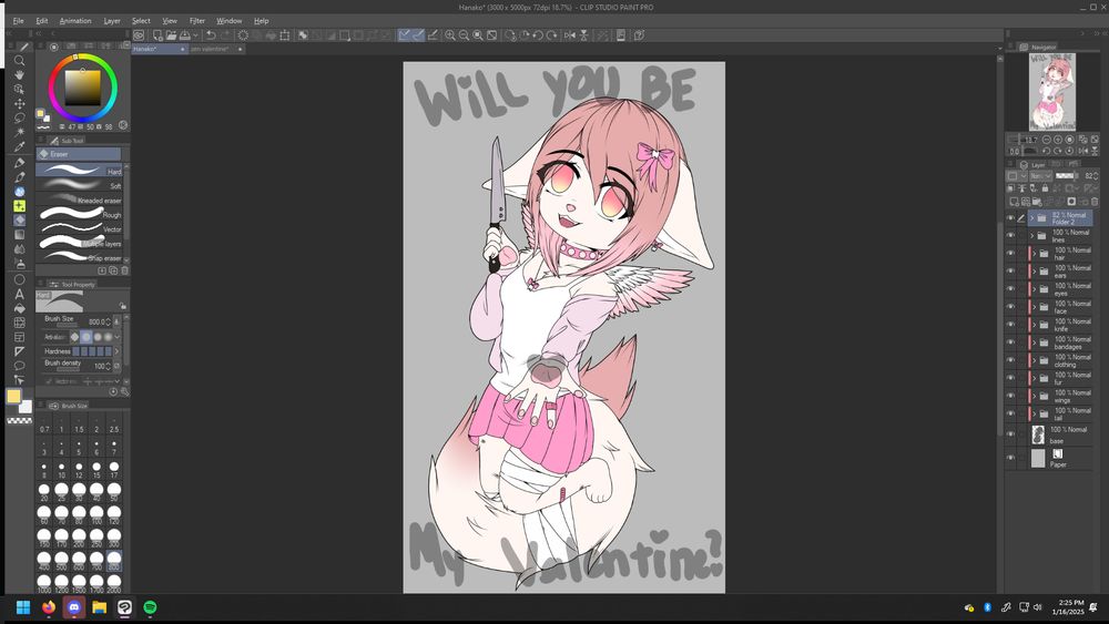 Base coloring wip of my upcoming valentines day YCH (yandere version). This one is based on one of my fursona characters. The blood, lettering and heart in the hand will be done in the rendering phase. 