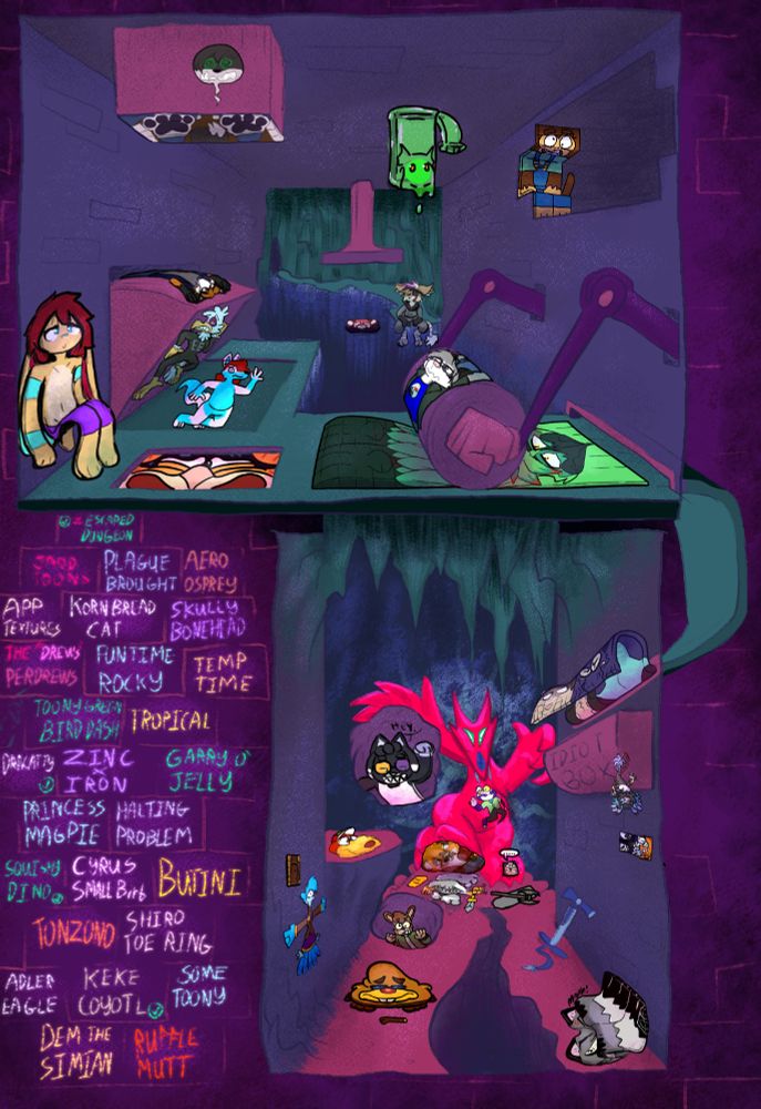 Toons go through a dungeon and get squished in all kinds of ways that I don't want to describe for you right now it was too much I'm sorry.


Imagine a stack of pancakes. They're all quivering with faces and a giant red demon paw slowly squishes them down together and kicks them down a cliff.

That's basically the picture, thanks.