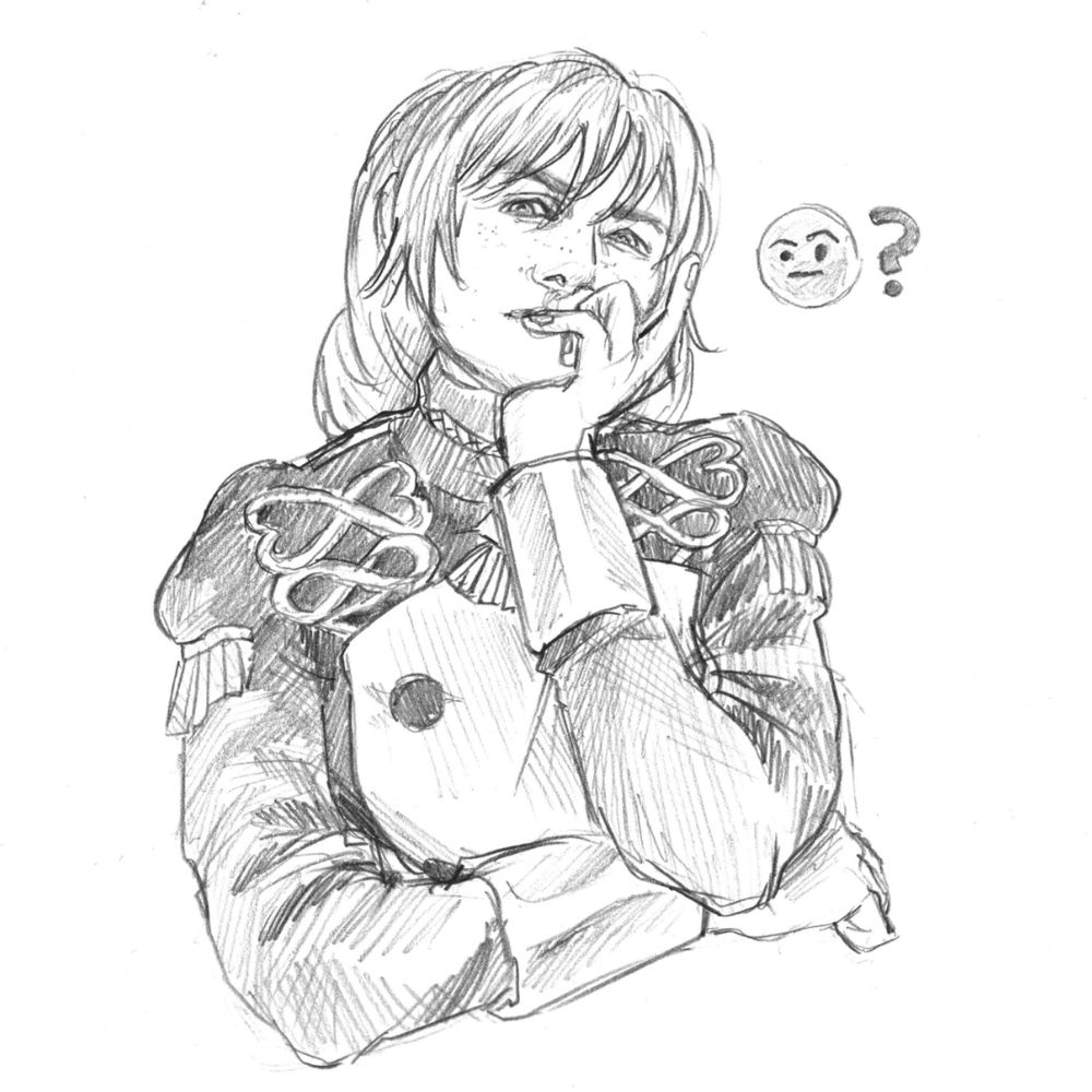 A half body pencil drawing of the character Ingrid from Fire Emblem Three Houses. Her head is cocked to the side and rests on her hand. Next to her is a pencil drawing of the emoji with the eyebrow raised and the questionmark emoji. 