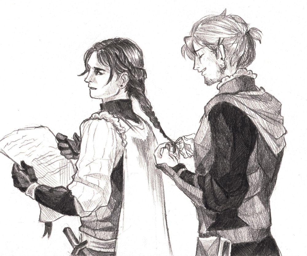 A pencil drawing of the characters Felix Fraldarius and Sylvain Gautier from the video game Fire emblem three houses. Felix is holding a piece of parchment, his head turned slightly towards Sylvain. Sylvain tightens a ribbon at the end of Felix’s braid.