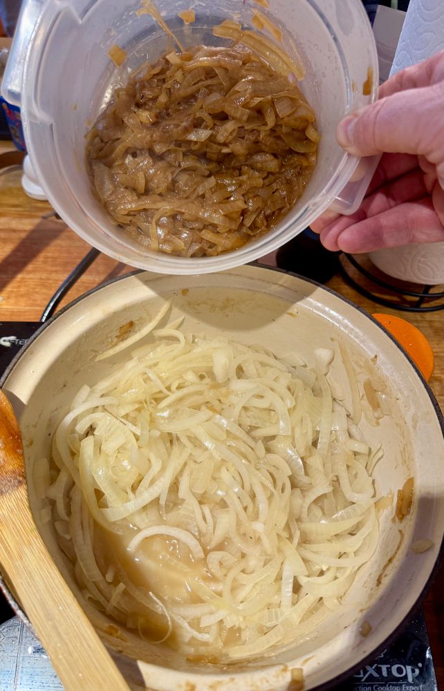 a pan of onions caramelizing and a tub of caramelized onions 