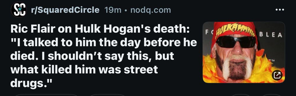 r/SquaredCircle 19m • nodq.com
Ric Flair on Hulk Hogan's death:
"I talked to him the day before he died. I shouldn't say this, but what killed him was street drugs."
