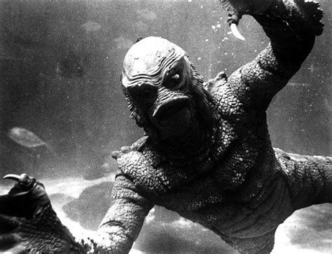 The Gill-man swimming in the black lagoon from the movie Creature from the Black Lagoon.