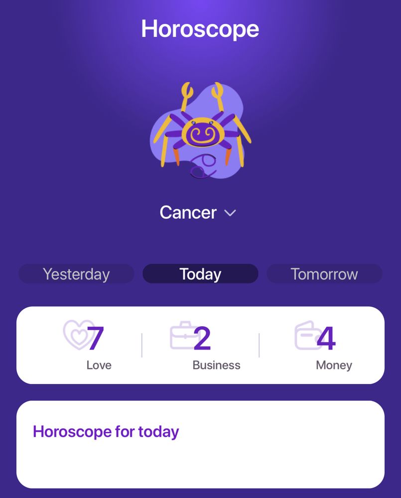 Screenshot of today’s horoscope for Cancer which says “Horoscope for today” and then the rest is blank.