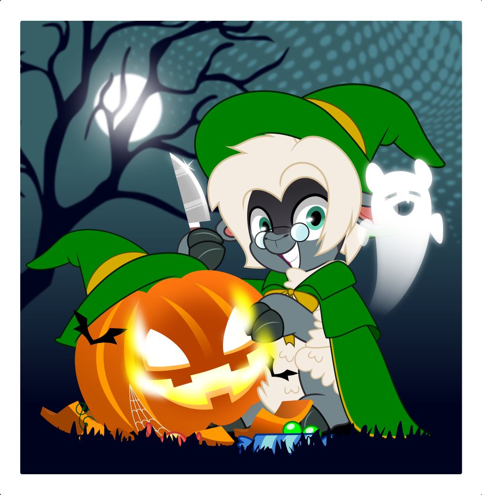 Bleet the Sheep, adorned in a green cape and witch's hat, brandishing holding a knife, with a Jack-O-Lantern, also with a green witch's hat.