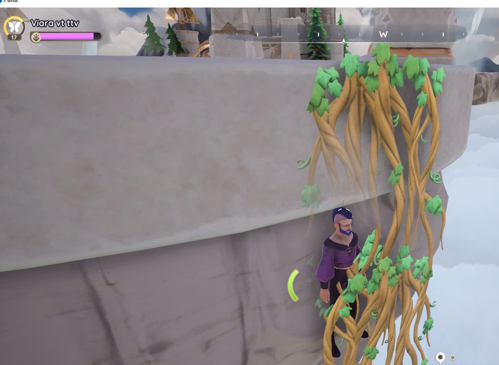 Screenshot from the game Palia. Viara's character is floating behind the vines that they should be climbing the front of.