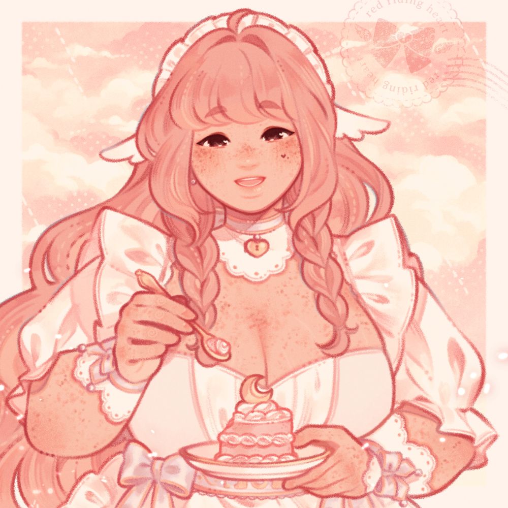 An illustration of an original character in a maid and angel themed outfit holding a plate with a small cake in one hand and a spoon in the other. She is holding the spoon up to the viewer and smiling. She has warm light skin, freckles, and long peach hair.