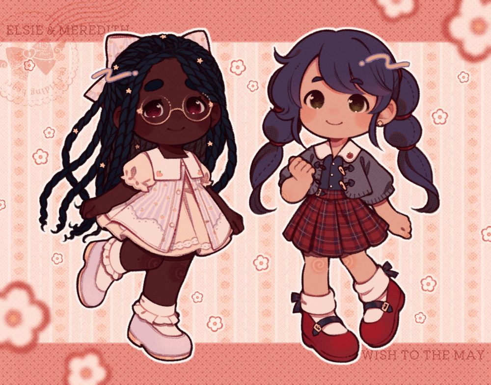 An illustration of two chibi characters smiling while wearing casual clothes. The first character the left has a peach fruit-themed dress on with lace and ruffles. She is wearing glasses, has dark skin, warm eyes, and long hair styled into twists with star hair jewelry. The second character has an apple theme with school-inspired theming, including a plaid skirt. She has light tan skin, dark hazel eyes, and dark hair styled into two bubble braids. In the background is a fruit pattern with flowers.