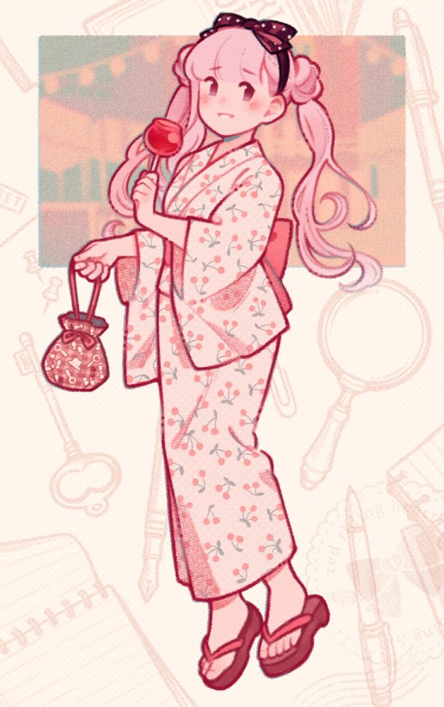 An illustration of Kako Tsukumo from the game The Hundred Line: Last Defense Academy wearing a yukata patterned with cherries. She is holding a candied apple and a bag patterned with mystery-related symbols. In the background is a window with a festival and an abstract pattern of detective items and tools.