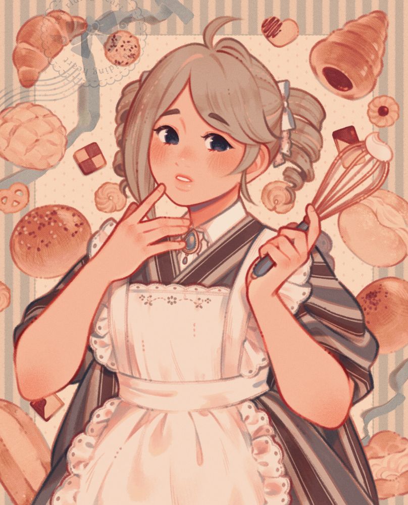 An illustration of a girl with light ash brown hair tied into curly pigtails or drills holding a whisk with whipped cream on the end. She is wearing modern-traditional Japanese clothing underneath a frilly apron. In the background are several baked goods, including shortbread cookies, anpan, melonpan, a croissant, and a chocolate cornet.