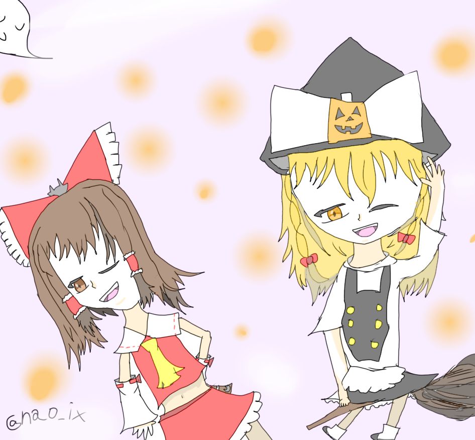 おやつをあげに行く巫女さんとお手伝いする魔法使いさん。