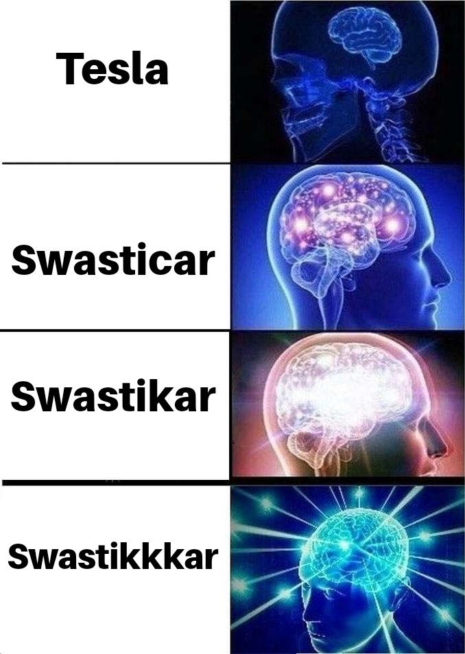 Exploding brain meme with the words in order from top. Tesla, Swasticar spelled with a c, Swastikar spelled with a k, and Swastikkkar spelled with 3 K's. 