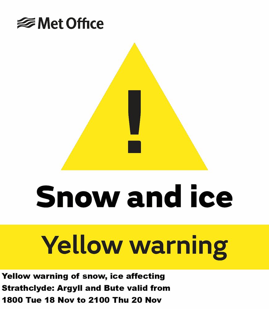 Yellow warning of snow, ice affecting Strathclyde: Argyll and Bute valid from 1800 Tue 18 Nov to 2100 Thu 20 Nov