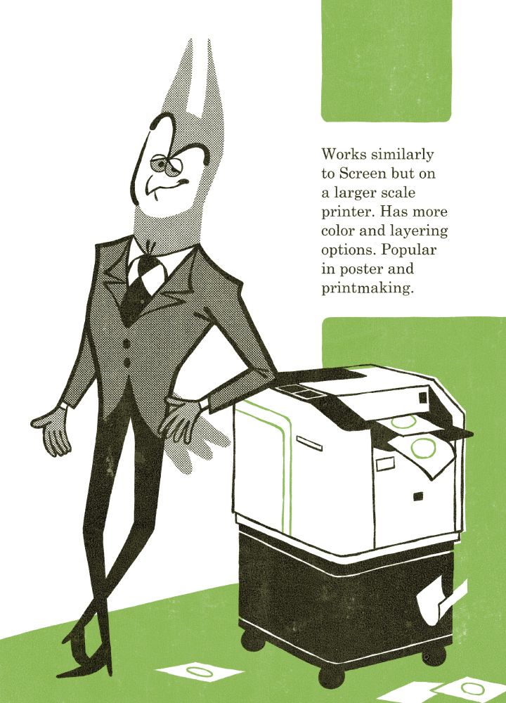 Orville leaning against a risograph printer.