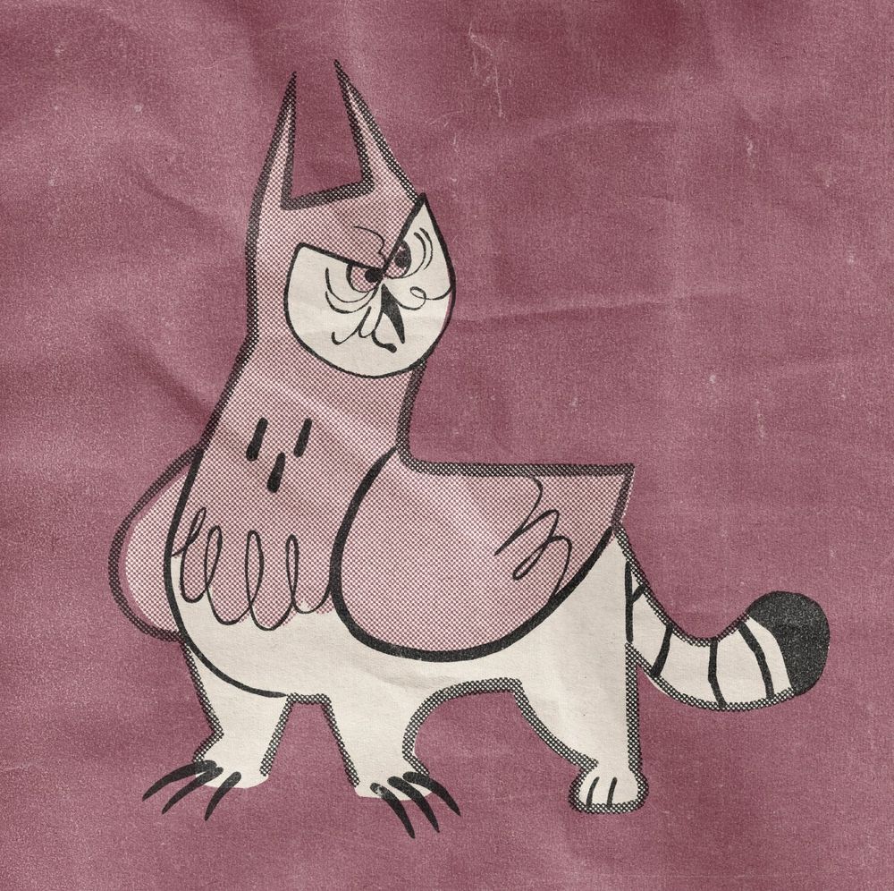 Cartoon drawing of an manul-owl gryphon.