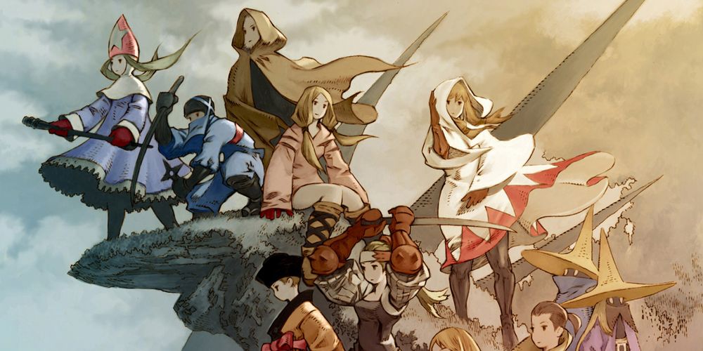 art from Final Fantasy Tactics' PSP remake box art showing a variety of jobs and characters standing around on a big hill.