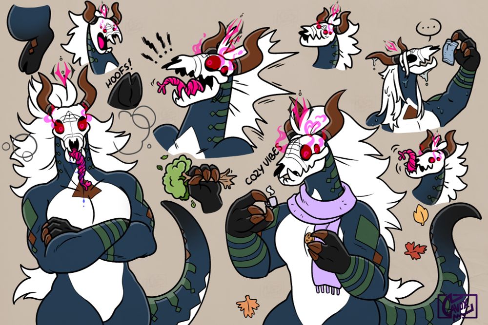 several sketches of a furry species called void beast, one with his tongue out and arms crossed, one with a scarf and holding a tiny mug and cookie, and several silly expressions surrounding