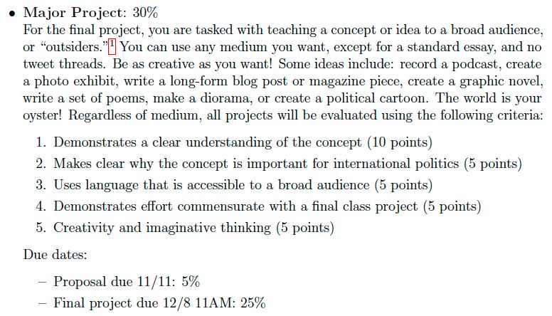 Major Project: 30%
For the final project, you are tasked with teaching a concept or idea to a broad audience, or “outsiders.”You can use any medium you want, except for a standard essay, and no tweet threads. Be as creative as you want! Some ideas include: record a podcast, create a photo exhibit, write a long-form blog post or magazine piece, create a graphic novel, write a set of poems, make a diorama, or create a political cartoon. The world is your oyster! Regardless of medium, all projects will be evaluated using the following criteria:
1. Demonstrates a clear understanding of the concept (10 points)
2. Makes clear why the concept is important for international politics (5 points)
3. Uses language that is accessible to a broad audience (5 points)
4. Demonstrates effort commensurate with a final class project (5 points)
5. Creativity and imaginative thinking (5 points)
Due dates:
– Proposal due 11/11: 5%
– Final project due 12/8 11AM: 25%