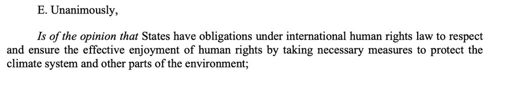 E. Unanimously, Is of the opinion that States have obligations under international human rights law to respect and ensure the effective enjoyment of human rights by taking necessary measures to protect the climate system and other parts of the environment; 