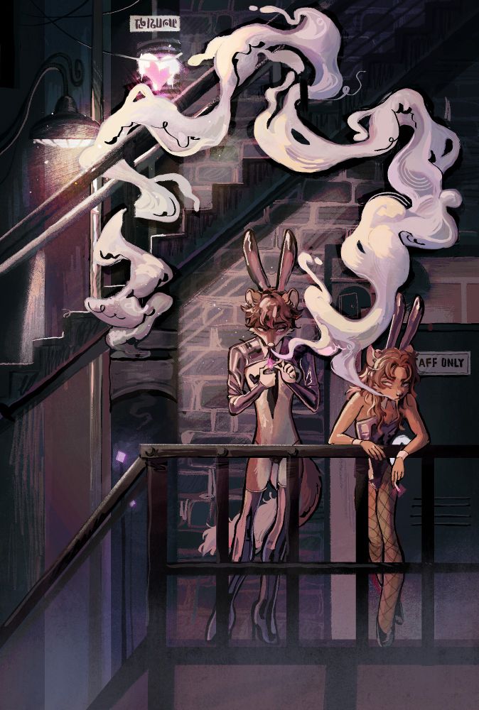 A brown hyena furry, wearing a bunnysuit, and a dhole furry, wearing a reverse bunnysuit sharing a smoke at the back of the bar. 