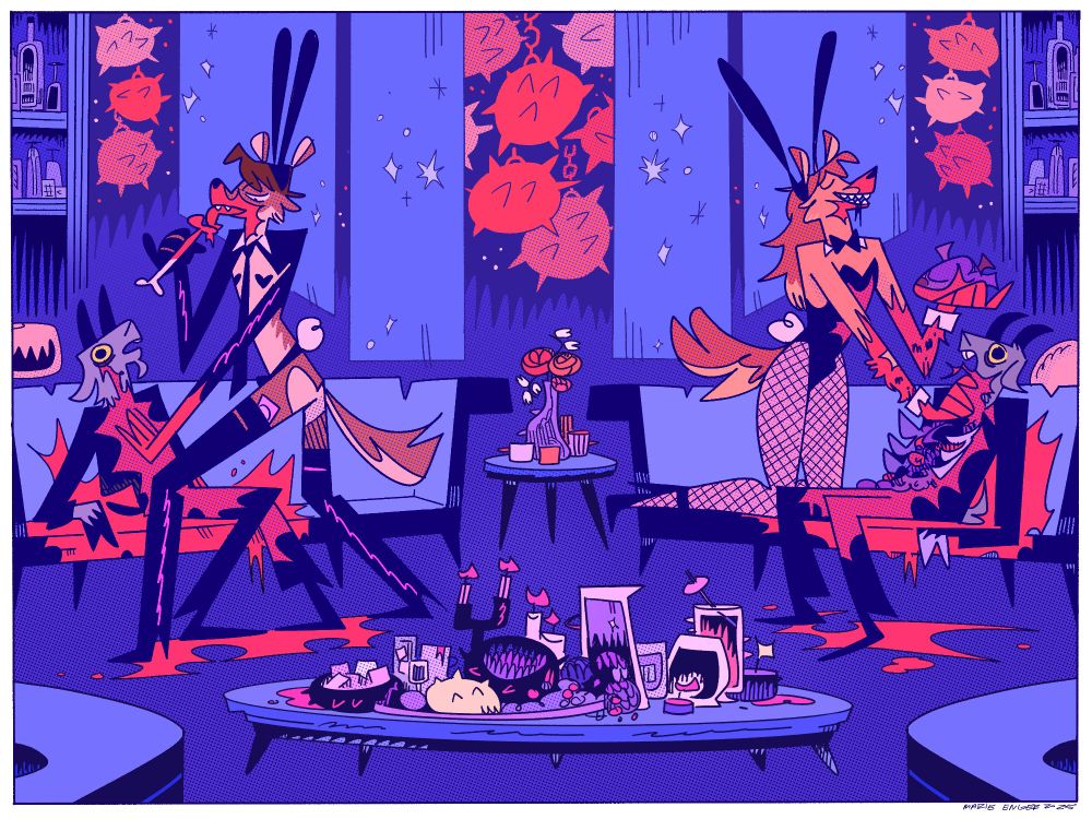 A dhole bunny boy and a hyena bunny boy dealing with some troublesome customers. The setting is in a classy lounge