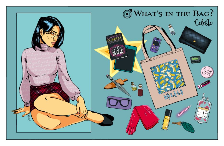 Illustration of a Korean-American woman sitting on the ground, rocking an outfit fit for Fran Drescher. To her right is a spread of items including glasses, keys, and books. In the upper right corner is a title indicating the spread's purpose: answering the question "What's in the Bag"