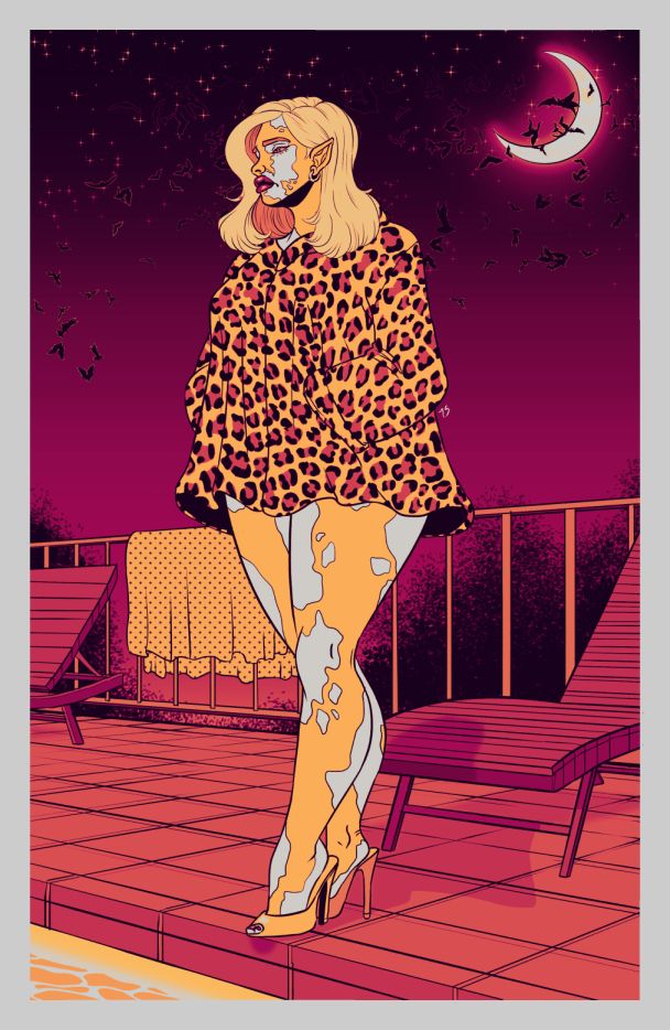Illustration of a leggy blonde woman in a short leopard-print swing coat and peep-toe heels posing by a pool at night, in a slightly eye-searing palette because ya girl couldn't resist messing with gradient maps again