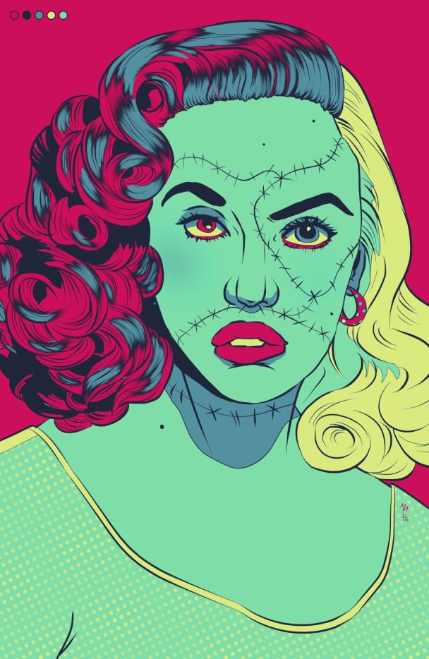 A brightly colored portrait of a cobbled together woman in an eye-searing palette