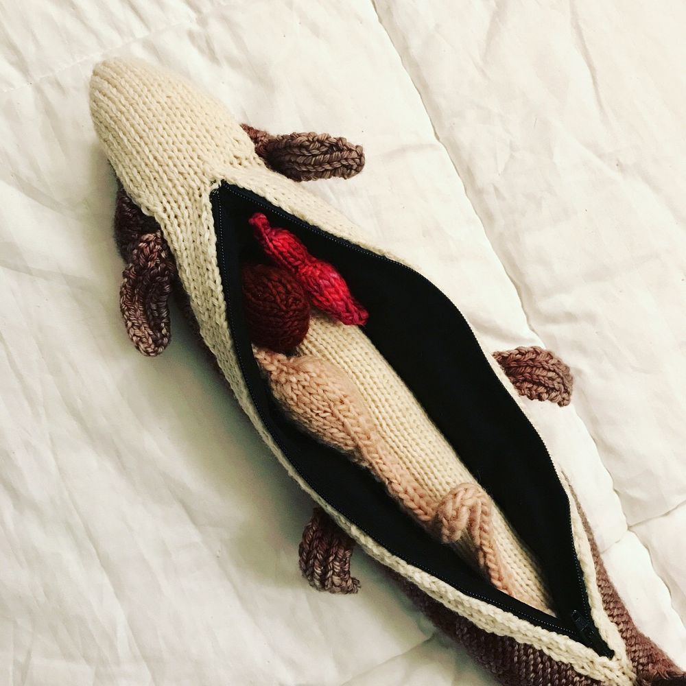 The belly of the pike, unzipped so its knitted organs are visible