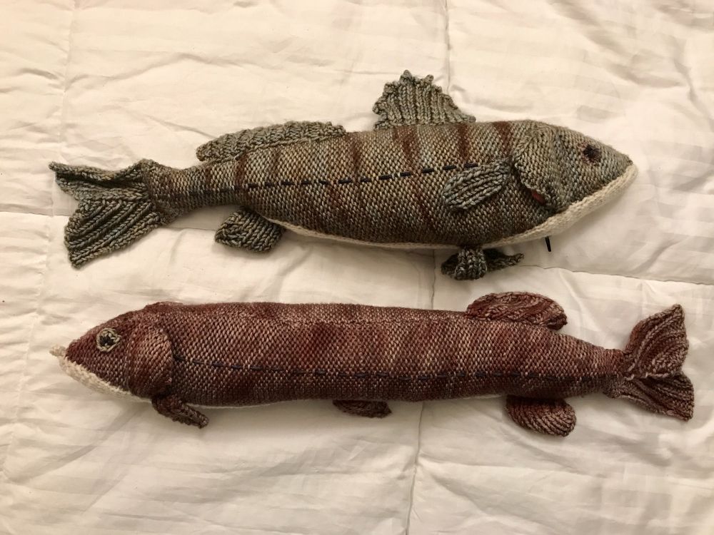 Two knitted fish with realistic colorations (hand dyed!). The top one is a green walleye and the bottom one is a brown pike