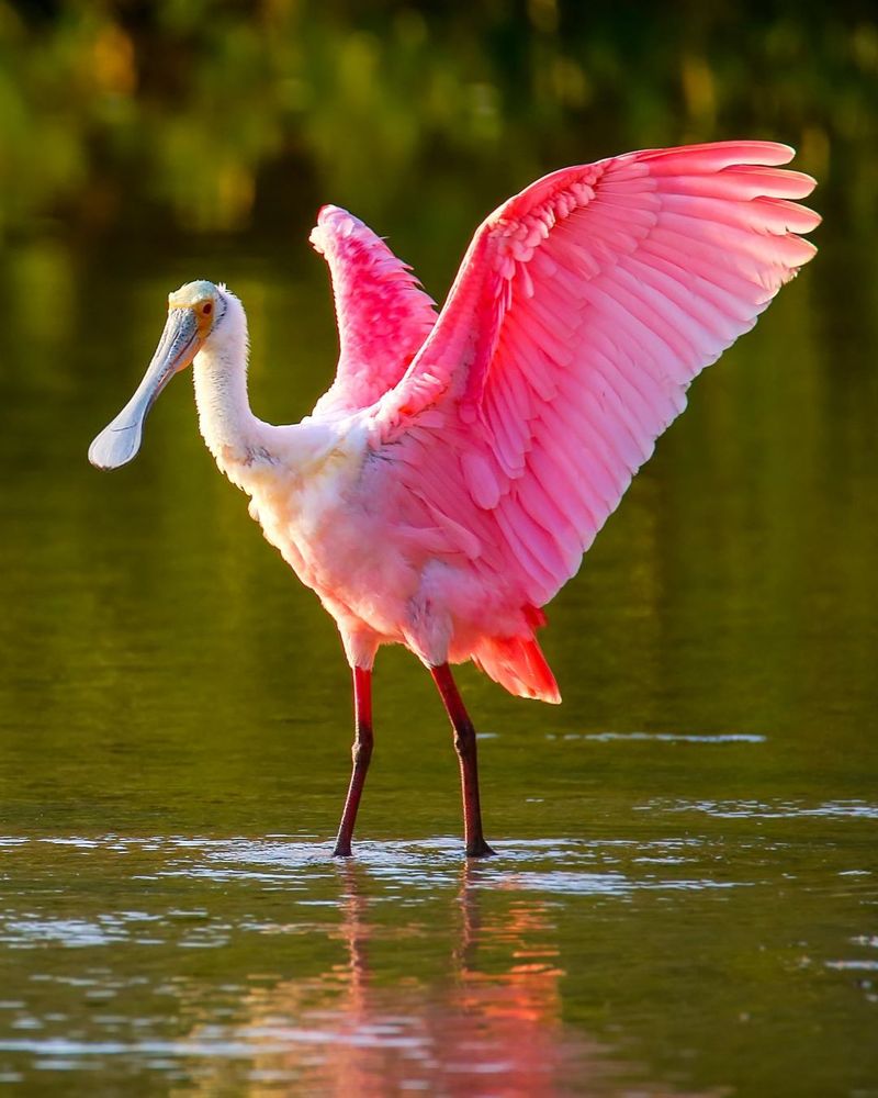 A photo of a wader bird with a beak that is flat and wide at the end stretching its wings out to show beautiful shades of deep to light pink in its feathers.