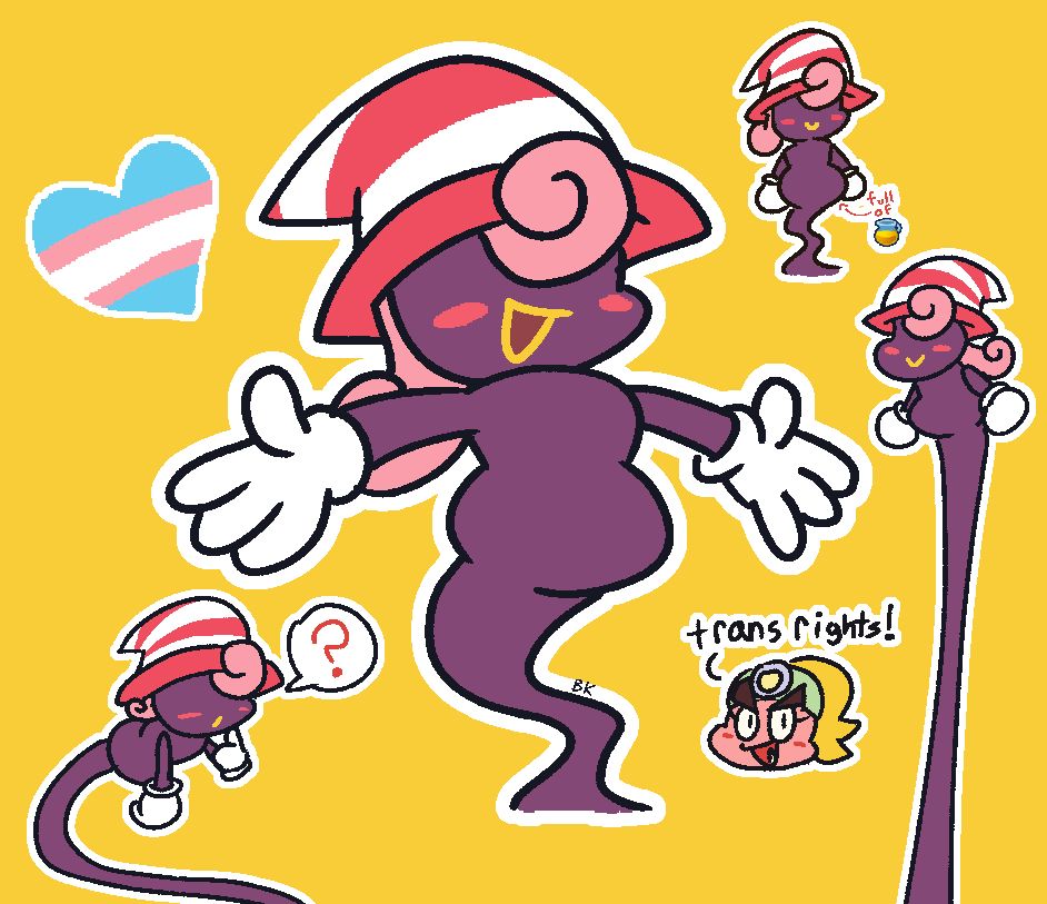 Four drawings of Vivian from Paper Mario the Thousand Year Door and one drawing of Goombella from the same game saying "trans rights!"