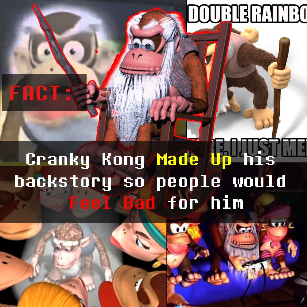 A parody of that "ralsei made up his backstory so people would feel bad for him" image but it's about cranky kong now