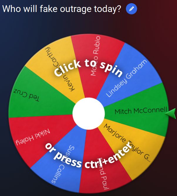 Name selection spinner with the title "Who will fake outrage today?" Names on the wheel are Susan Collins, Rand Paul, Marjorie Taylor Greene, Mitch McConnell, Lindsey Graham, Marco Rubio, Kevin McCarthy, Ted Cruz, and Nikki Haley.