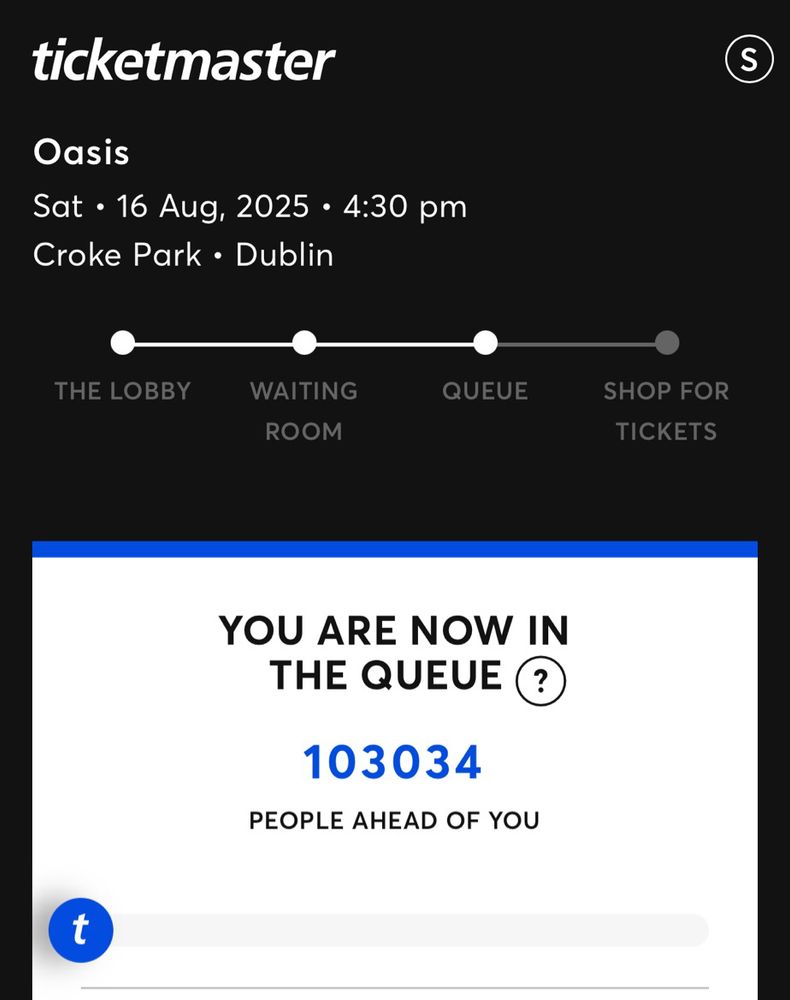 Phone screen on Ticketmaster website showing text ‘You are now in the queue. 103034 people ahead of you’