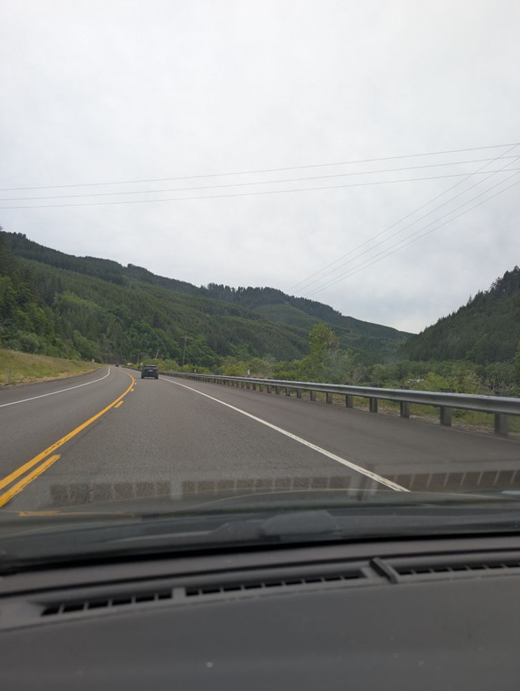 Shot of the surrounding mountains and forest as seen by car.