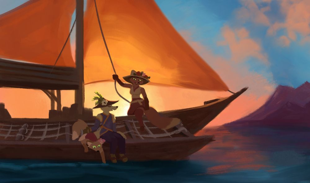 Painting of a family of the Sorya race from the world of Tinderkell sailing in the tropical reefs on their family boat.