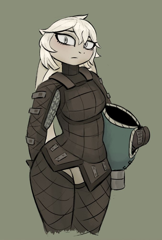 Landylyn MagDelphire from Tinderkell, a white and grey lagomorph species with grey eyes. wearing a brown arming suit while holding a breastplate that is to be donned overtop.
